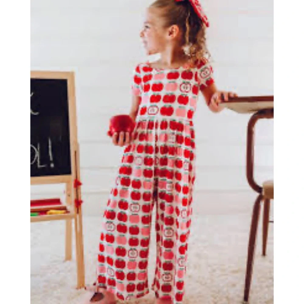 SweetHoney Girls Apple Print Jumpsuit Red Pink Short Sleeve Wide Leg Size 9Y